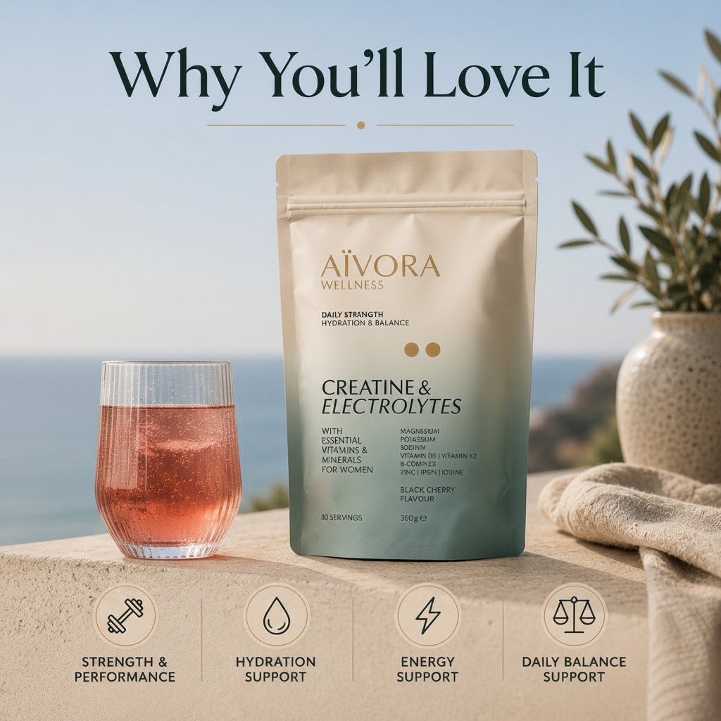 A stand-up pouch of Aivora Wellness Creatine and Electrolytes supplement is displayed on a stone surface with a hand holding a glass of pink drink at left and a potted plant at right. Large text at the top reads 'Why You'll Love It,' and four benefit icons appear along the bottom.